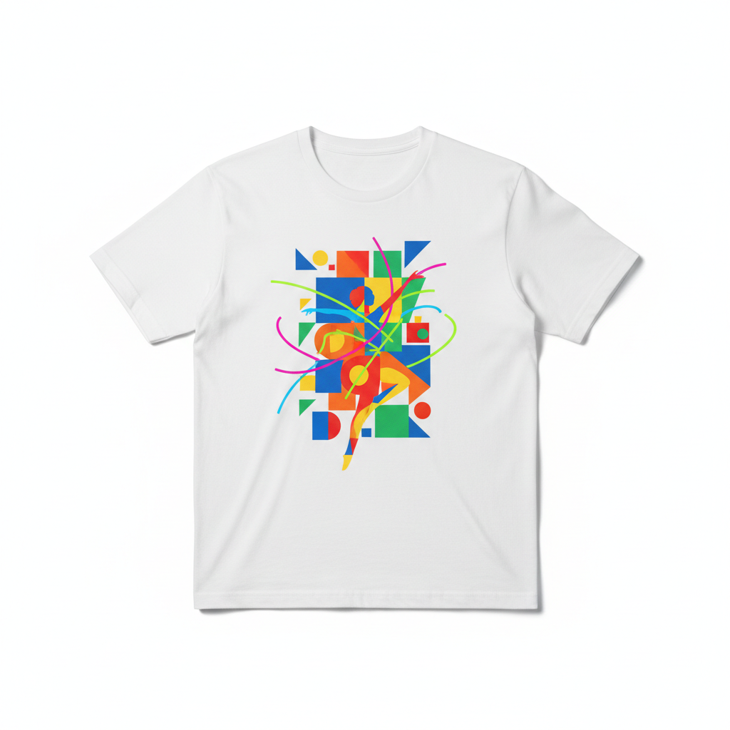 Playera fitness y baile con diseño geométrico vibrante